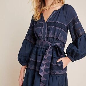 Anthropologie Navy Blue Embroidered V-Neck Midi Dress